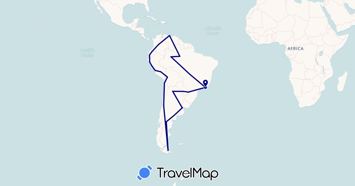 TravelMap itinerary: driving in Argentina, Bolivia, Brazil, Chile, Colombia, Ecuador, Peru, Paraguay, Venezuela (South America)